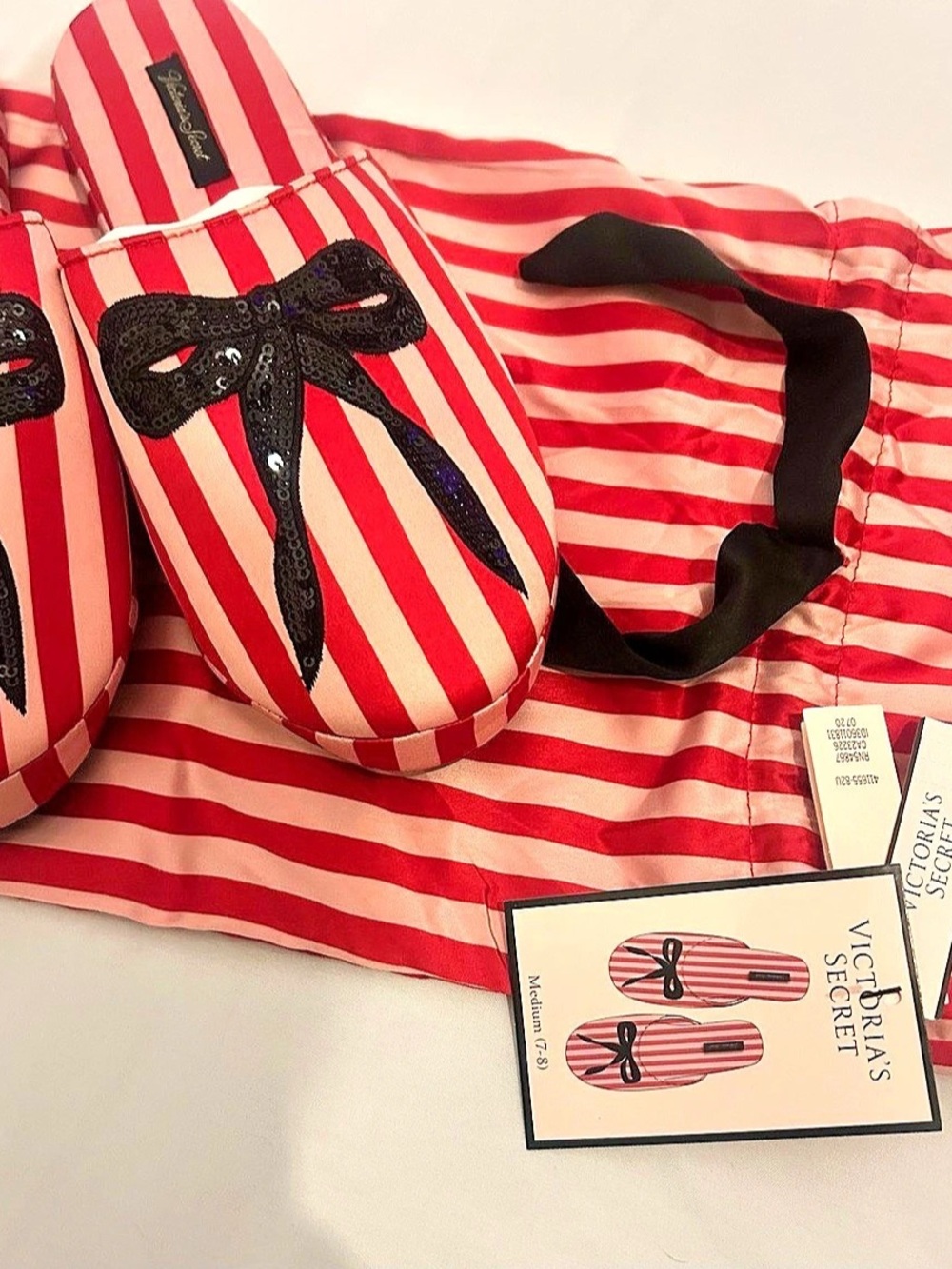Victoria's Secret Striped Sequin Bow Slippers with Dust Bag Red & Black